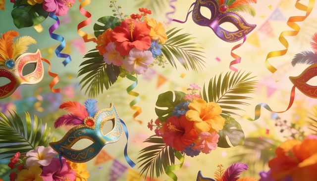 Celebrating tropical carnival with colorful masquerade masks, feathers and hibiscus