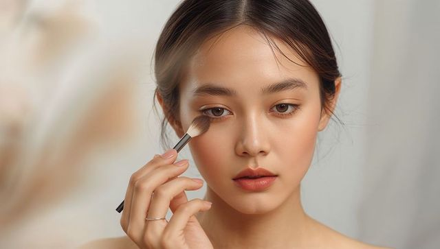 Young asian woman blending eyeshadow with fluffy brush for natural everyday makeup routine