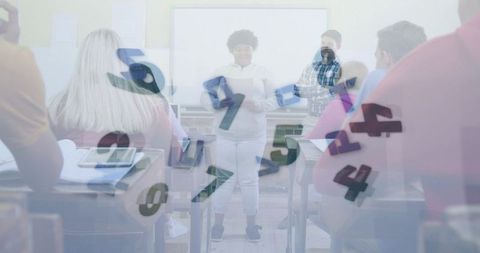 High school student presenting in classroom with numeric overlay, learning and technology