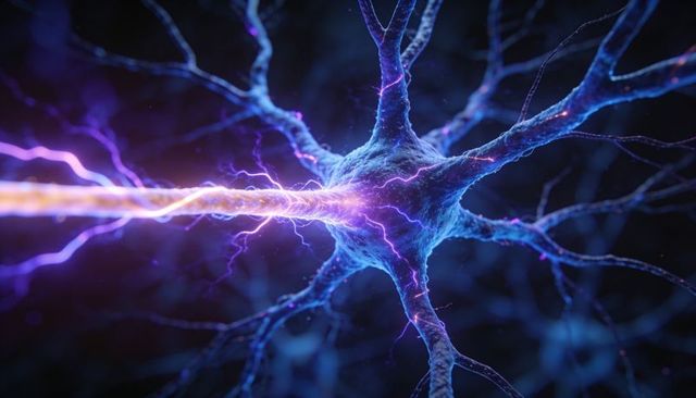 Glowing neuron transmitting electric pulse along axon in neon microscopic network