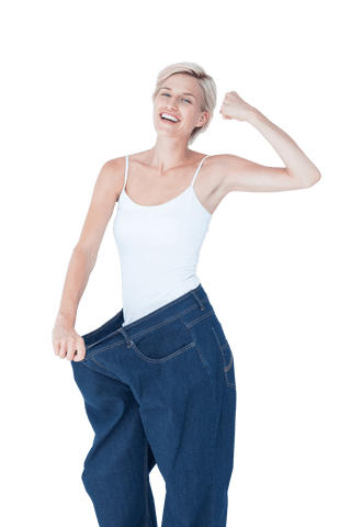 happy woman in oversized jeans celebrating weight loss transparent - Download Free Stock Videos Pikwizard.com