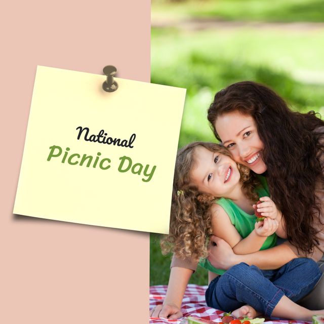 Mother embracing daughter while celebrating National Picnic Day in a park setting. Daughter holding small fruits, both smiling on picnic blanket. Great for promoting family activities, summer outings, and National Picnic Day events. Use in advertisements, social media, websites, and banners to depict joyful outdoor moments and family togetherness.