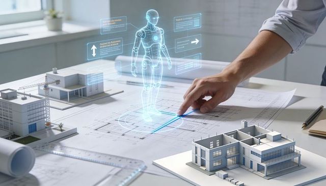 Architect interacting with holographic human model over blueprints and scale models