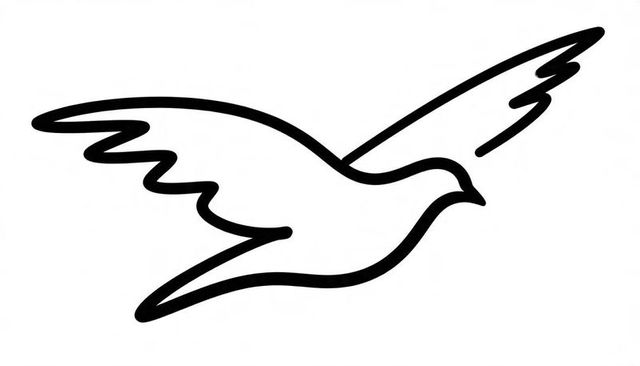 Minimalist continuous line dove gliding silhouette for logo branding, black stroke vector