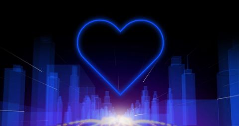 Glowing Neon Heart Above Futuristic Blue Cityscape