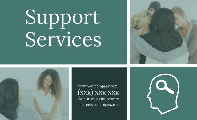 Collage showing various aspects of counseling and mentorship support services, includes embracing group meeting, and contact details. Useful for mental health services sites, community centers, and wellness programs.