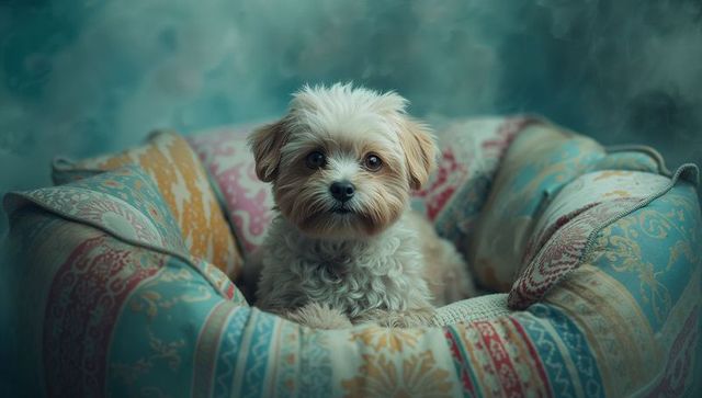 Curly-furred dog nestling in quilted pet bed with patchwork design