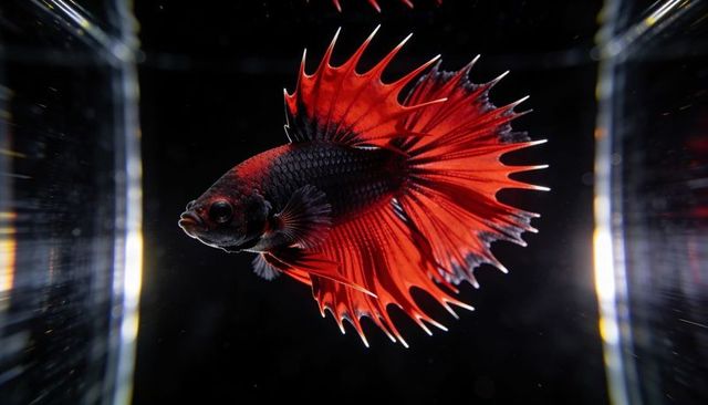 Crimson and black crowntail betta flaring spiky fins against dark backdrop with rim light