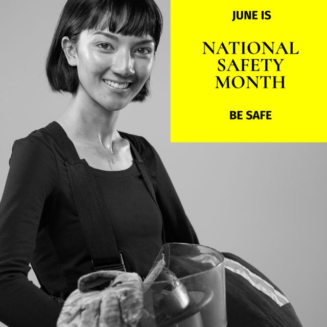 Asian Woman Wearing Safety Gear with National Safety Month Text Overlay - Download Free Stock Templates Pikwizard.com