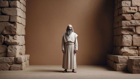 Bearded pharisee in traditional robes in ancient temple