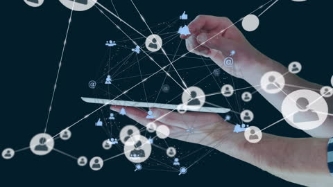 Hands Holding Tablet with Digital Network Icons Overlay