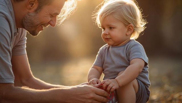 Father helping toddler with shoe during golden hour sunlit bonding and tender outdoor moment