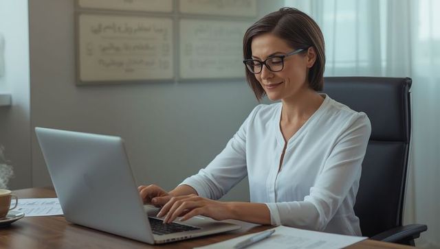 Woman Typing on Laptop at Office Desk: Productivity and Professionalism