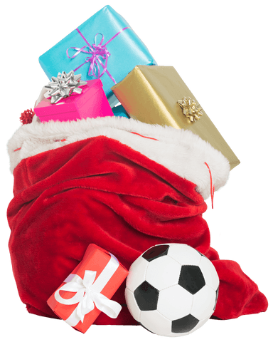 Colorful christmas sack with gifts and soccer ball transparent background