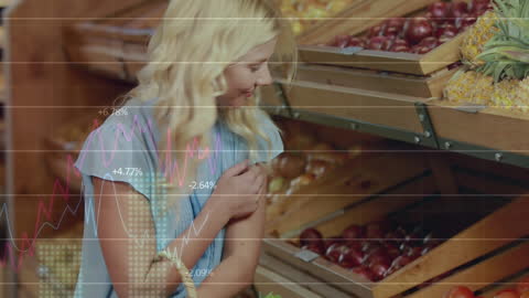 Woman Analyzing Grocery Produce with Data Overlay Design