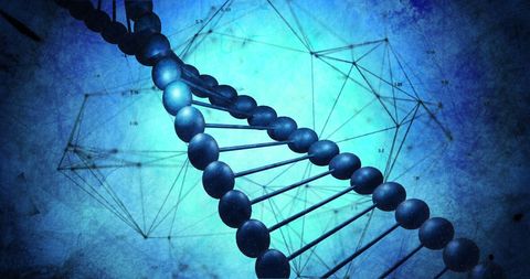 Digital dna strand with network on blue background
