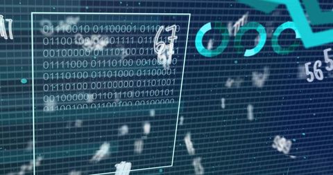Futuristic holographic cybersecurity dashboard displaying binary data, neon trendline