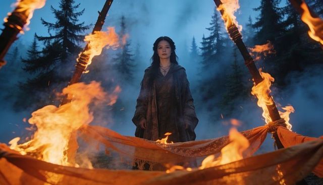Mystic robed woman standing in smoky dusk forest ritual with blazing torches and banners