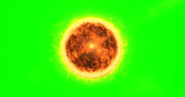 A glowing sun with vibrant green background creating a striking contrast. Useful for backgrounds, science-related materials, educational content, space-themed designs, and energy concept artwork.