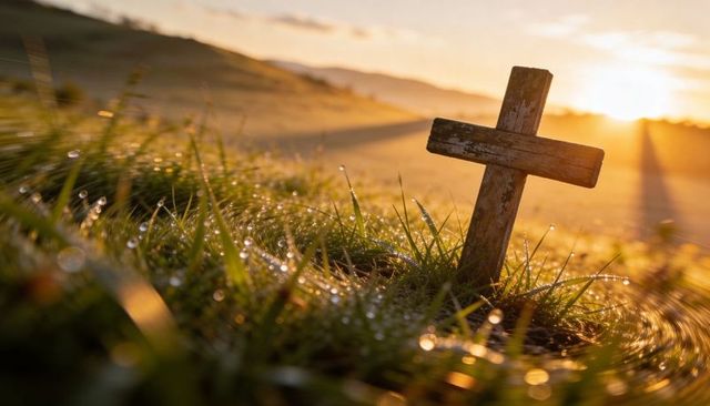 Worn wooden cross standing in dewy meadow at sunrise casting shadows and warm sunbeams