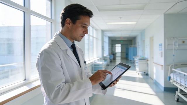 Physician reviewing electronic medical records on tablet in sunlit hospital corridor