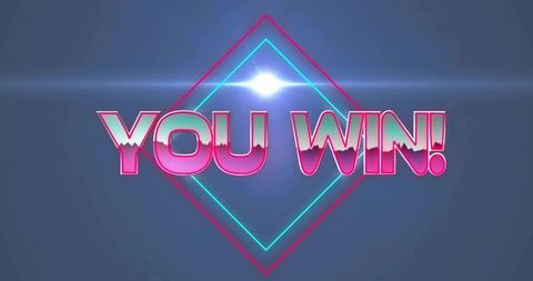 Retro neon you win! victory titlecard with glowing magenta cyan diamonds and lens flare