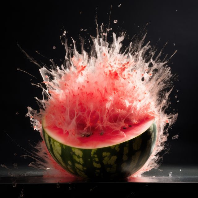 Watermelon explodes dramatically, sending juice and seeds flying in all directions. Background is black, enhancing the vibrant colors of the fruit and the dynamic splatter. This image conveys bursts of energy and freshness and can be used for advertisements, food and beverage campaigns, science demonstrations, and creative projects aiming to depict action and movement.
