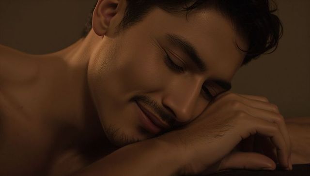 Resting male leaning on folded arms with serene smile warm low-key portrait soft closeup