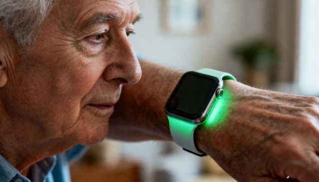 Senior man checking smartwatch with green heart-rate sensor for home health monitoring