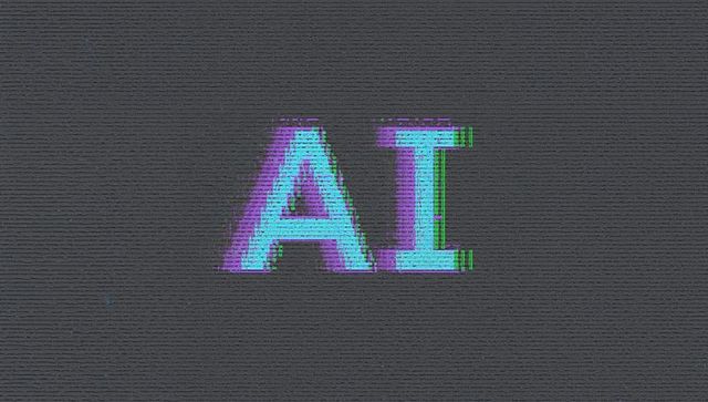 Displaying stylized AI letters with glitch chromatic aberration on dark textured canvas