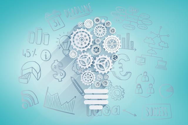 Graphic design featuring a light bulb composed of gears on a blue background. The surrounding icons relate to business, finance, and technology, indicating ideas and innovation. Suitable for presentations, websites, and marketing materials focused on business strategy, entrepreneurial ideas, technological innovation, and teamwork.