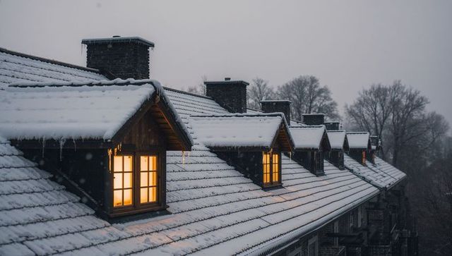 Snow-covered roofline with warm glowing dormer windows at twilight