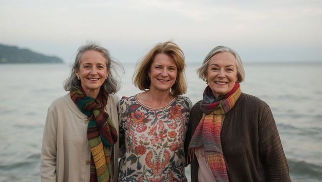 Smiling mature women enjoying seaside walk wearing colorful scarves and cozy cardigans