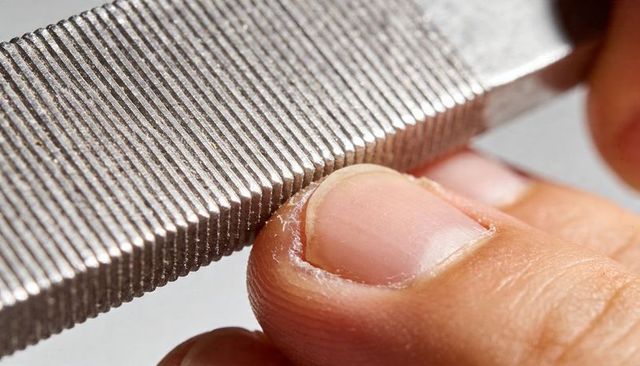 Filing fingernail with metal file removing dry cuticle macro manicure detail