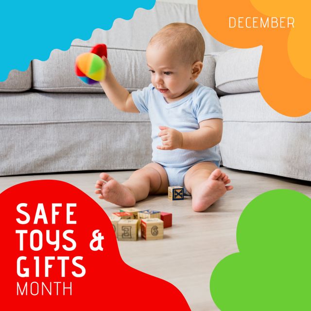 Highlighting the importance of Safe Toys and Gifts Month, this cheerful scene features a baby playing with various toys in a home environment. It is ideal for blogs, articles, and social media posts focusing on child safety, educational toys, and holiday gifting guidelines for infants. Perfect for December-themed promotions or parenting resources.