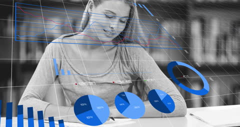 Woman Analyzing Financial Data with Transparent Graphs
