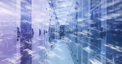 Mathematical Equations and Data Flow in Modern Server Room