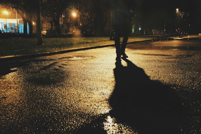 Moody nighttime street scene capturing the silhouette of a lone figure walking on a wet pavement illuminated by streetlights. Shimmering reflections add a mysterious and contemplative atmosphere. Ideal for use in film noir projects, urban life depictions, or illustrating concepts of solitude and reflection.