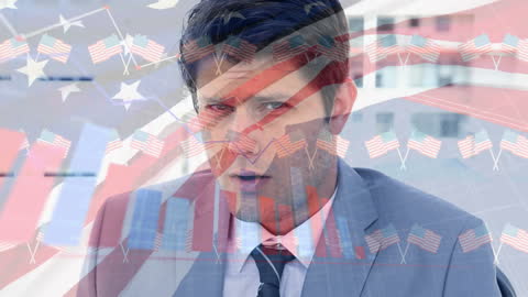 Businessman with USA Flag and Data Analytics Overlay