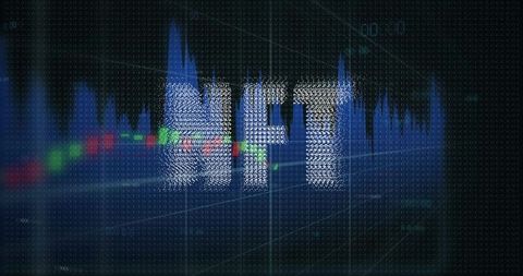 Pulsing ai dot-matrix display showing waveform, candlestick charts and digital analytics