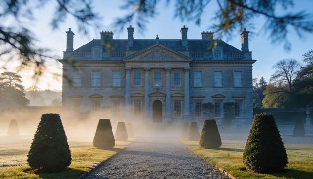 Stately georgian manor gleaming in morning mist with formal topiary avenue