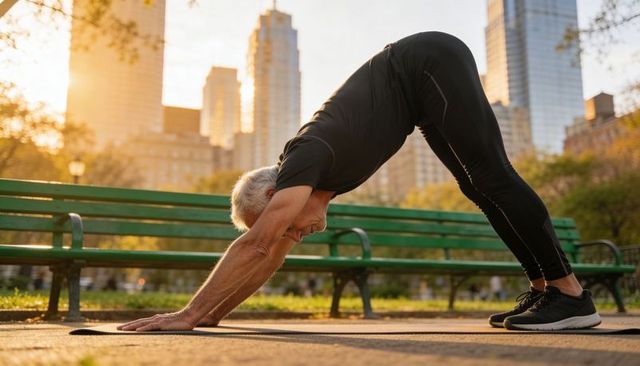 Senior man practicing downward dog yoga on mat in urban park at sunrise