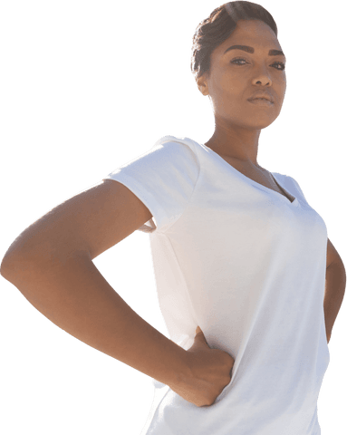 Confident Woman in White Promoting Breast Cancer Awareness on Transparent Background