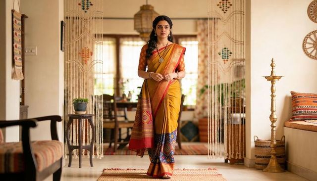 Indian woman wearing mustard saree and traditional jewelry standing in bohemian passageway