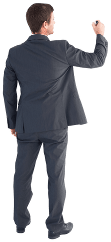 Transparent businessman writing vision on invisible chalkboard