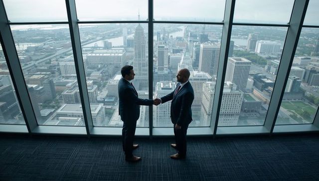 Business partners shaking hands in high-rise office with panoramic city skyline view