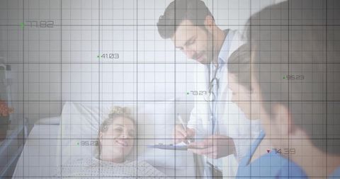 Medical team assessing hospital patient with clinical data overlay and healthcare analytics