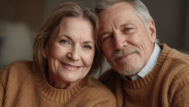 Senior couple smiling and leaning heads together wearing matching brown knit sweaters