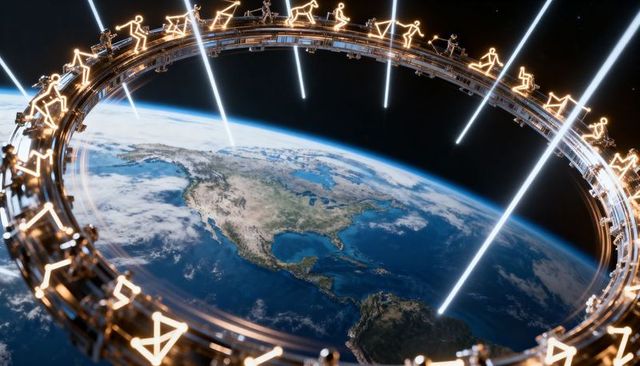 Futuristic orbital ring with neon silhouettes and laser beams above americas