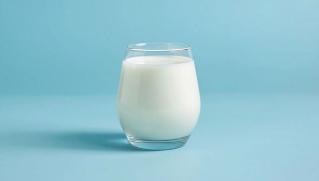 Transparent Glass Filled with Milk on Blue Pastel Background